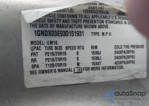 2003 Chevrolet Venture from USA, damaged, VIN 1GNDX03E93D151931